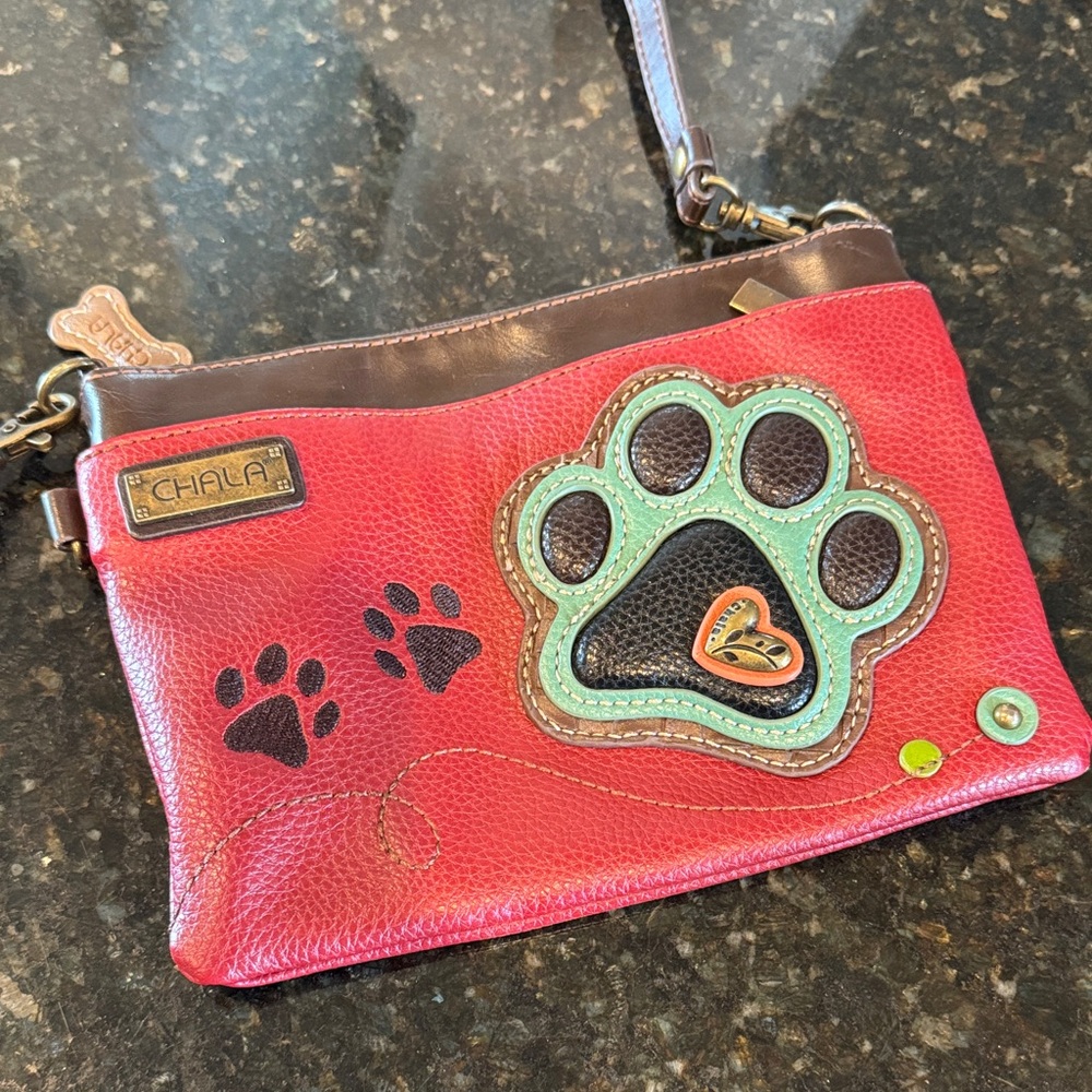 Chala Red Leather bag with Mint Green Paw Appliqué (two straps)